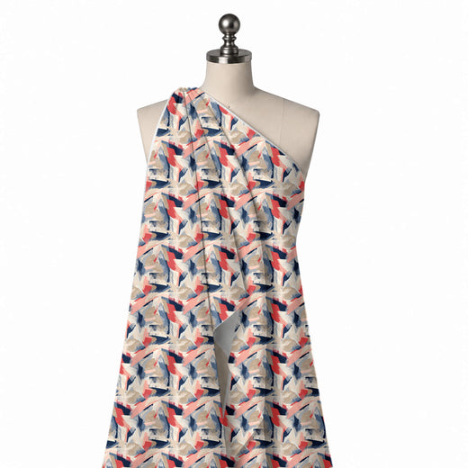 Cream & Coral Red Brushstroke Collage Printed Crepe Fabric