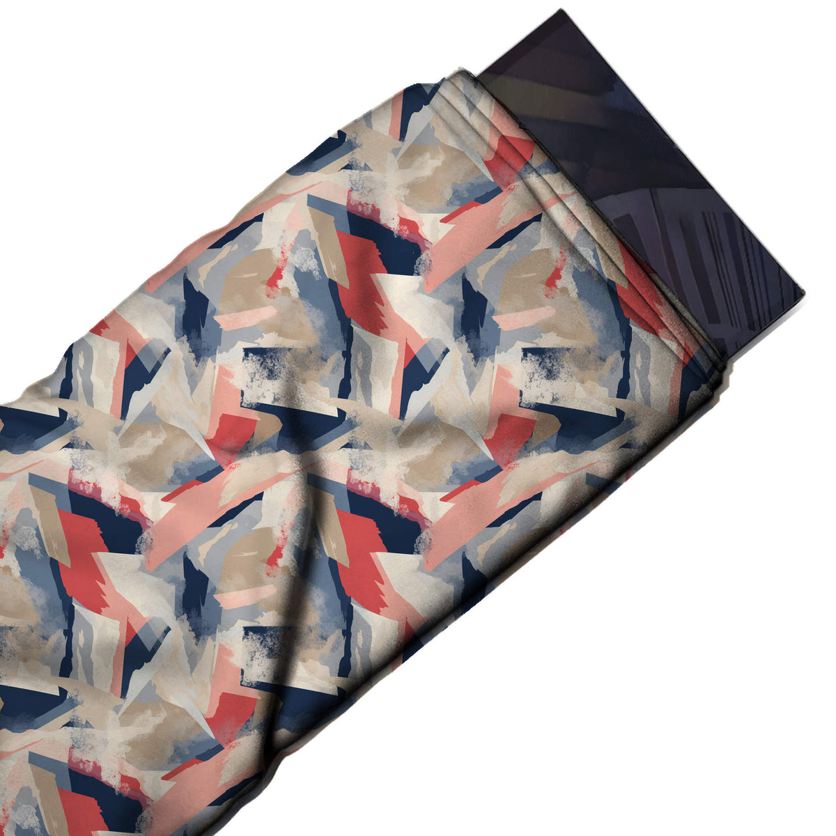 Flat fabric swatch: all-over abstract of layered brushstrokes and torn-edge shapes, design 3505, Clothwala