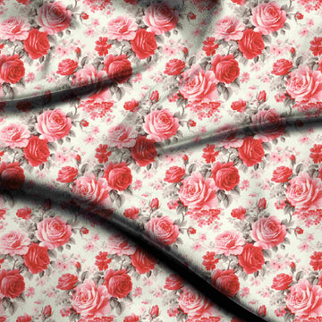 Cream & Coral Red Pink & Red Roses Printed Armani Satin Fabric