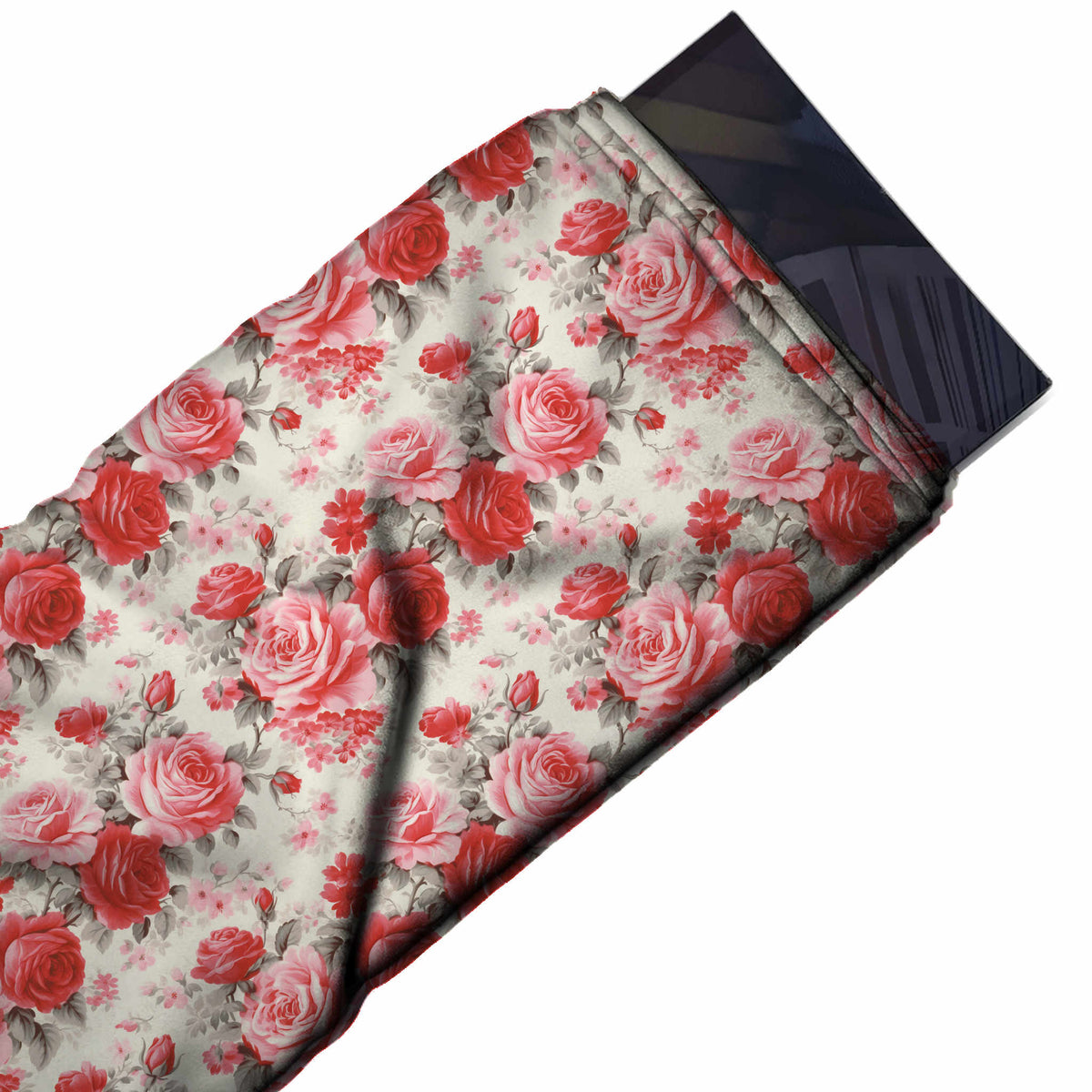 Flat fabric swatch: all-over floral of medium-scale shaded roses in rose pink and coral red grouped, design 3642, Clothwala