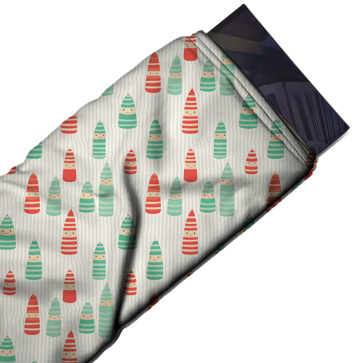 Flat fabric swatch: spaced all-over layout of small bullet-shaped elf figures with striped, design Design No_4520, Clothwala