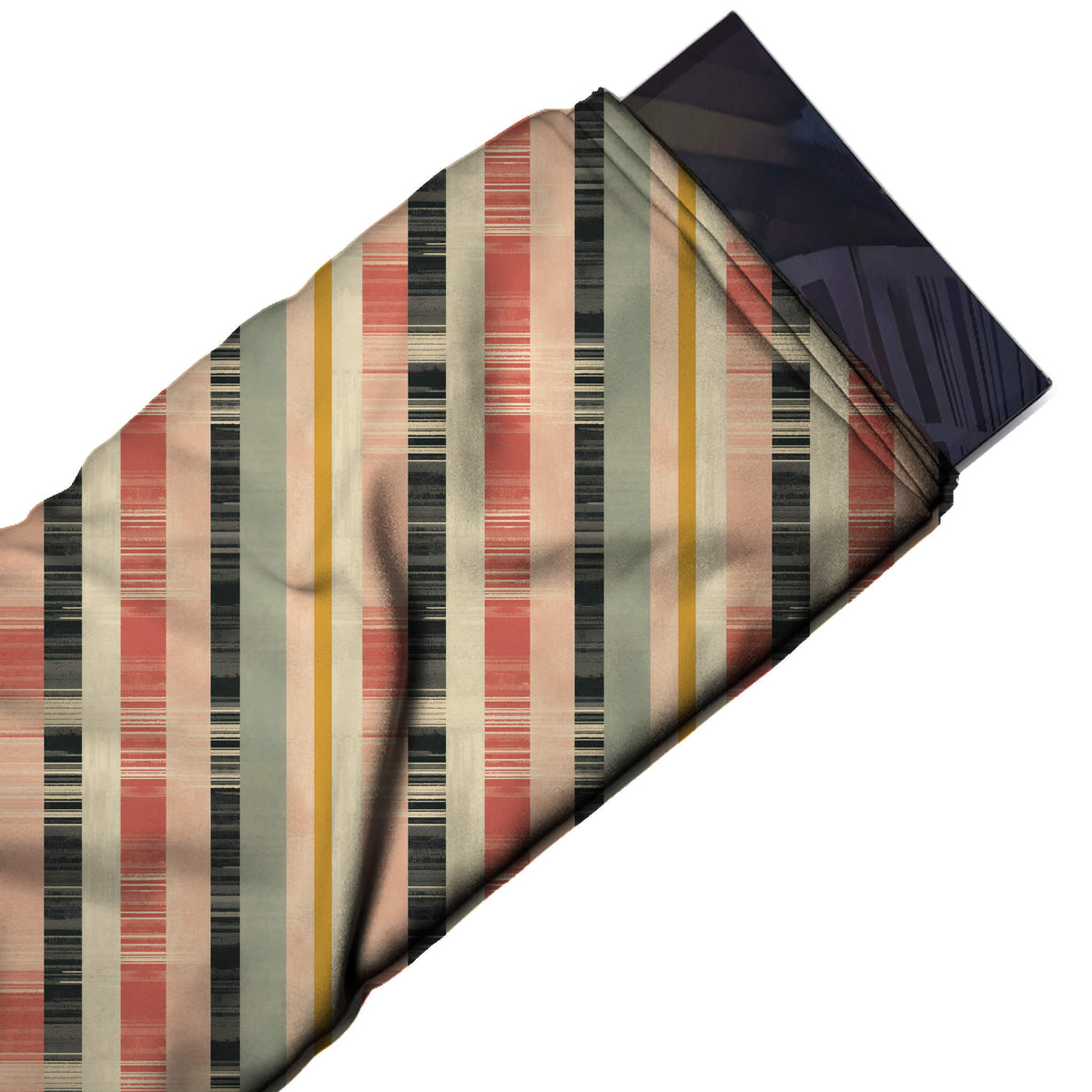 Flat fabric swatch: vertical stripe layout of varied-width bands in coral, blush, design Design No_4350, Clothwala