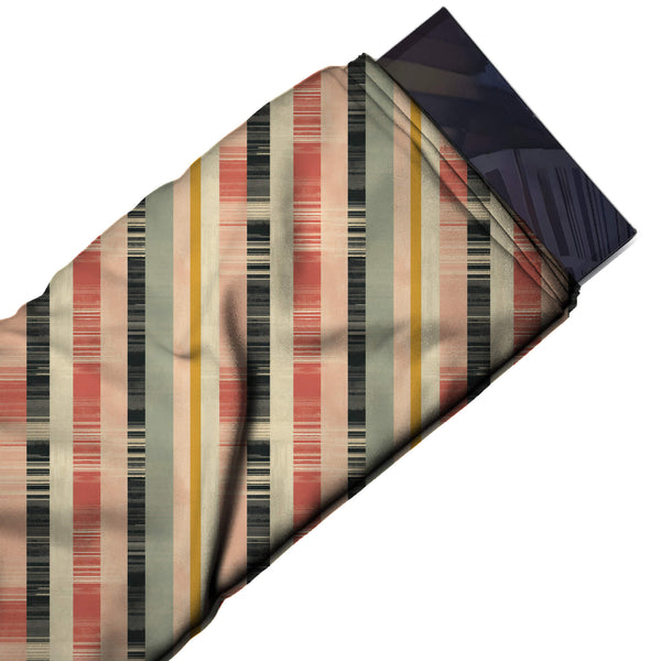Cream & Coral Textured Multi Stripe Printed Pure Natural Crepe Fabric