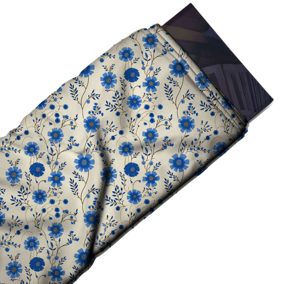 Flat fabric swatch: all-over small-scale meadow floral of flat cornflower blue cosmos and, design Design No_4582, Clothwala