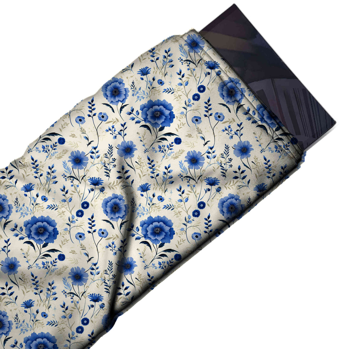 Flat fabric swatch: open all-over meadow floral of small-to-medium round ruffled blue, design Design No_4560, Clothwala
