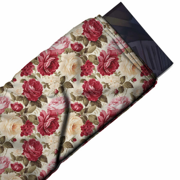 Cream & Crimson & Ivory Rose Printed Armani Satin Fabric