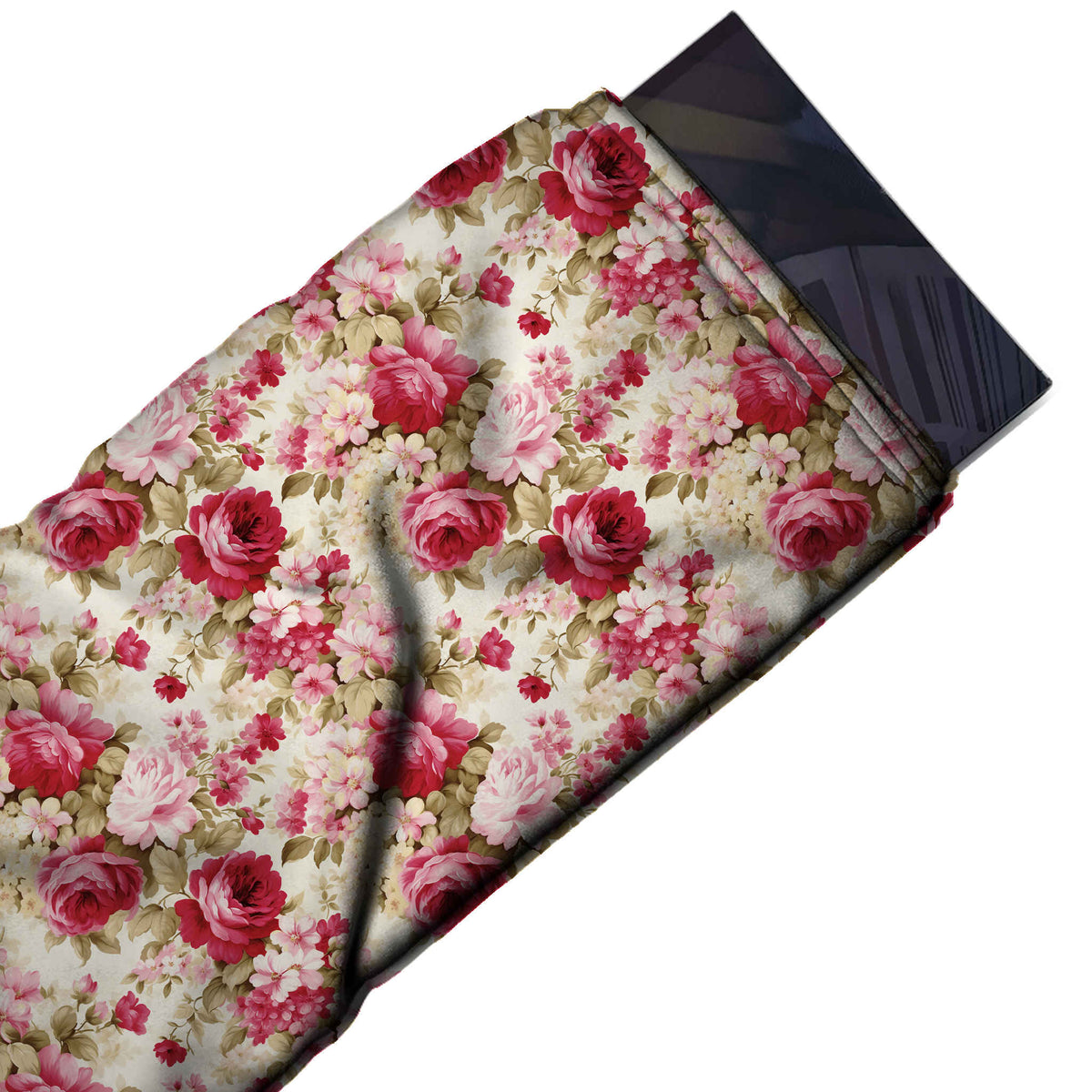 Flat fabric swatch: dense all-over layout of crimson and rose pink roses with blush peonies, design 3633, Clothwala