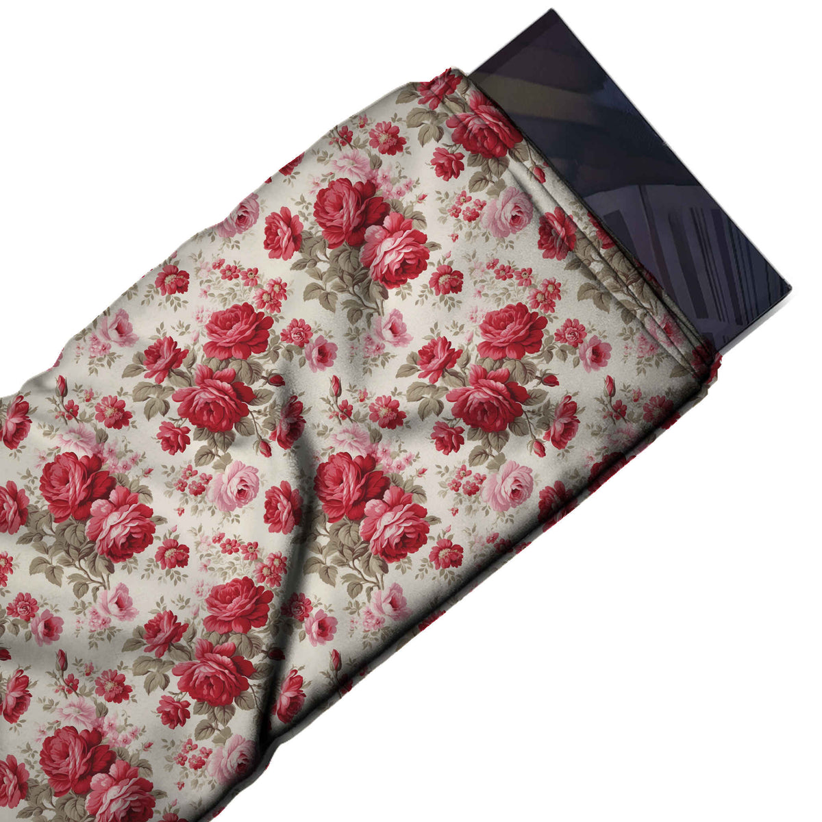 Flat fabric swatch: all-over layout of crimson and rose pink rose bouquets with blush roses, design 3613, Clothwala
