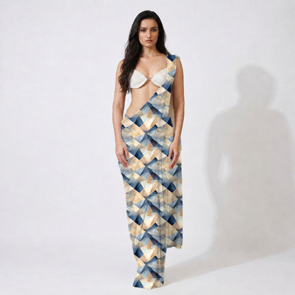Cream & Dark Blue Tessellating Triangles Print Fabric — design 3492, Clothwala