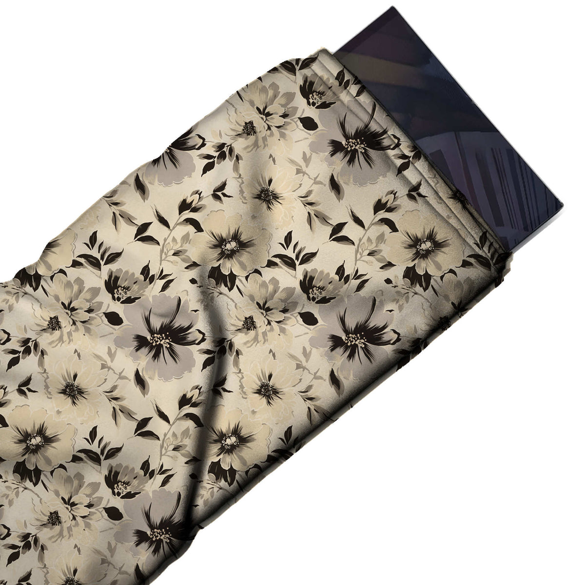 Flat fabric swatch: all-over floral of medium-scale beige and warm grey flowers with dark brown, design 3665, Clothwala