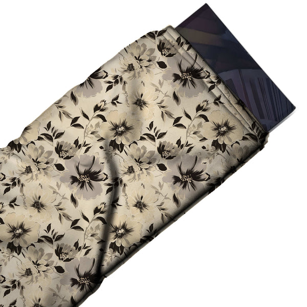 Cream & Dark Brown Grey & Beige Blooms Printed Armani Satin Fabric