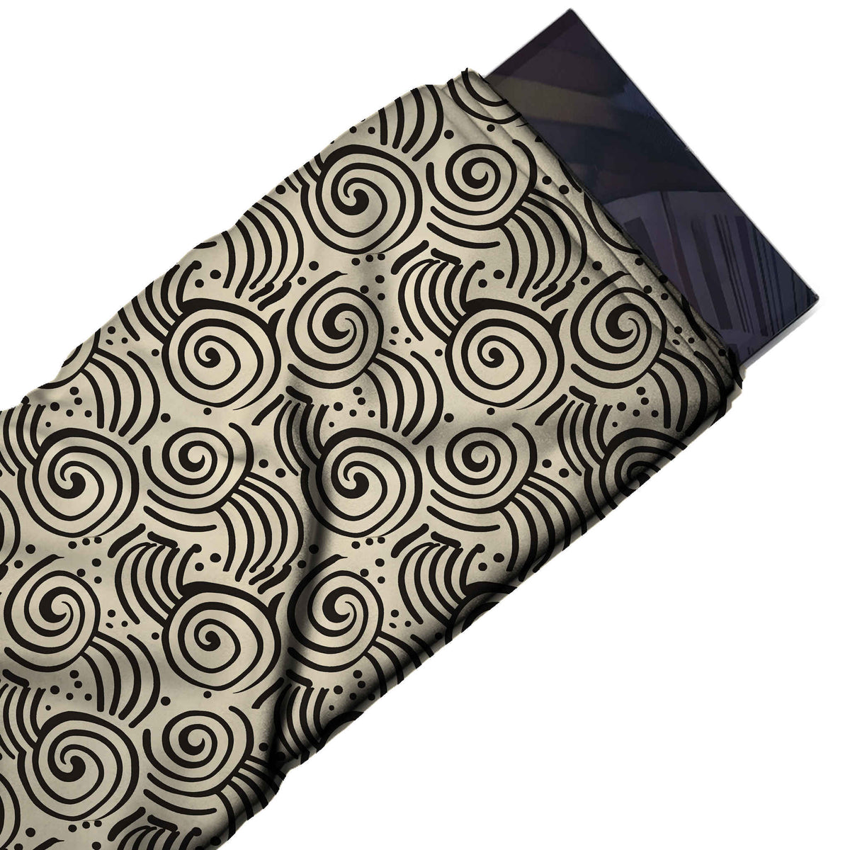 Flat fabric swatch: all-over two-colour layout of medium-scale hand-drawn spirals with fanned arc, design 3707, Clothwala