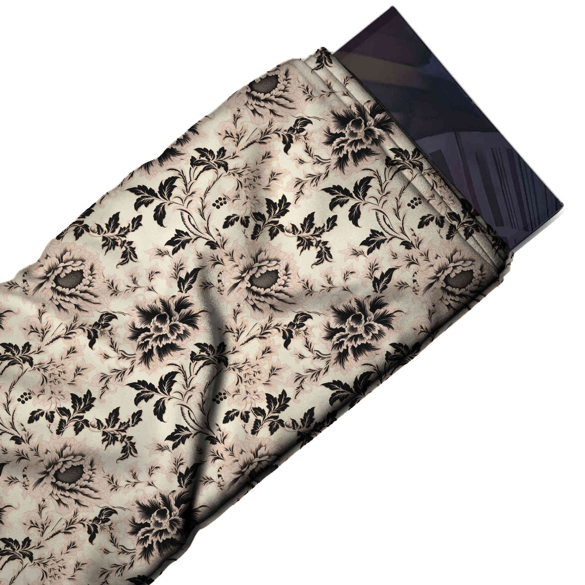 Flat fabric swatch: all-over trailing layout of small-to-medium tonal flowers in dark, design Design No_4205, Clothwala