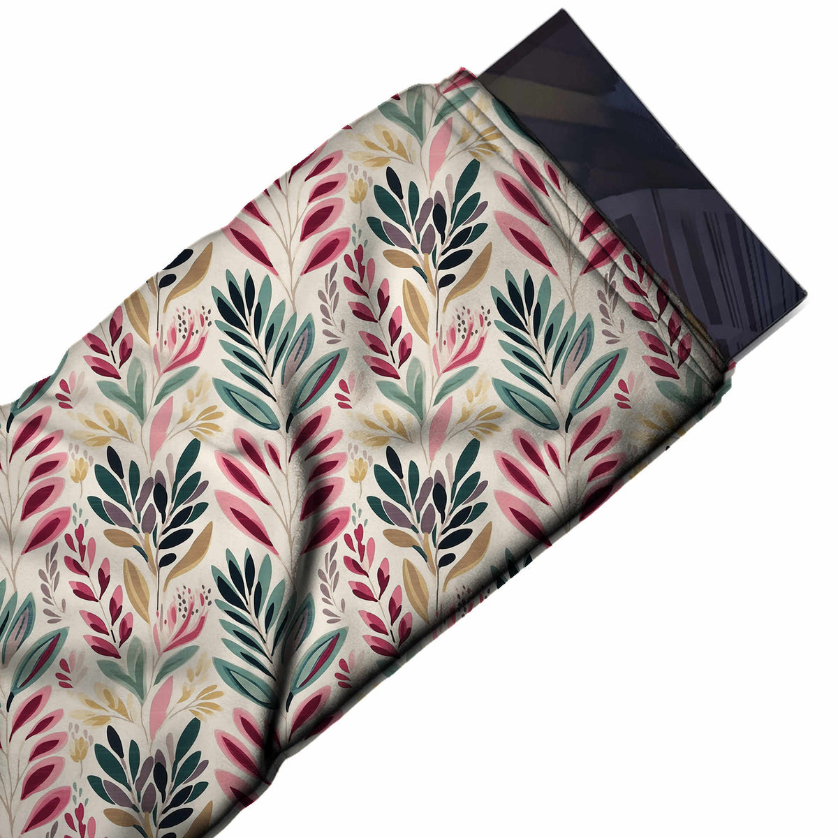 Flat fabric swatch: all-over one-way botanical of upright leaf stems arranged in vertical columns, design 3567, Clothwala
