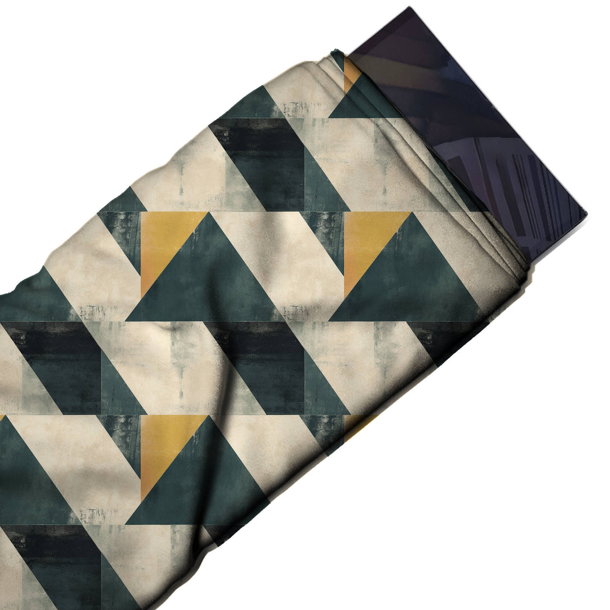 Flat fabric swatch: very large-scale geometric in horizontal rows of upward-pointing dark, design Design No_4313, Clothwala