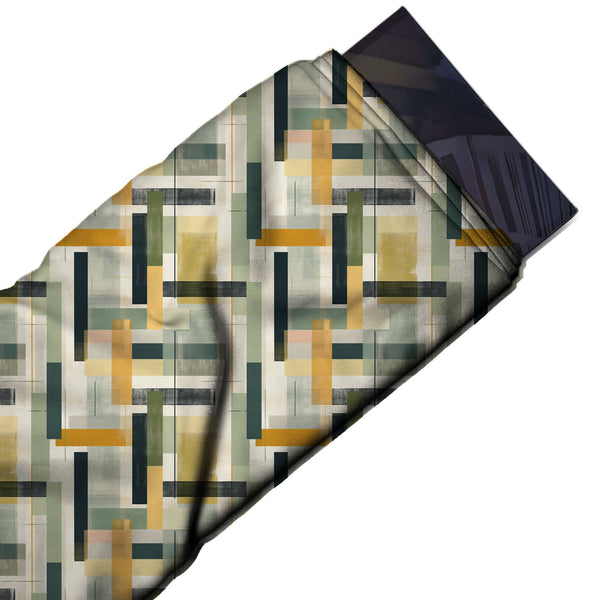 Cream & Dark Green Overlapping Bar Lattice Printed Pure Natural Crepe Fabric
