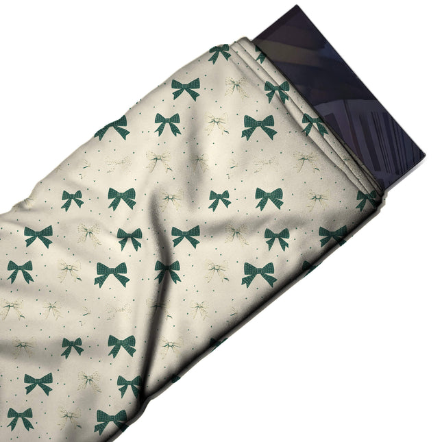 Flat fabric swatch: spaced rows of small dark green bows with fine stripe and dot texture, design Design No_4448, Clothwala