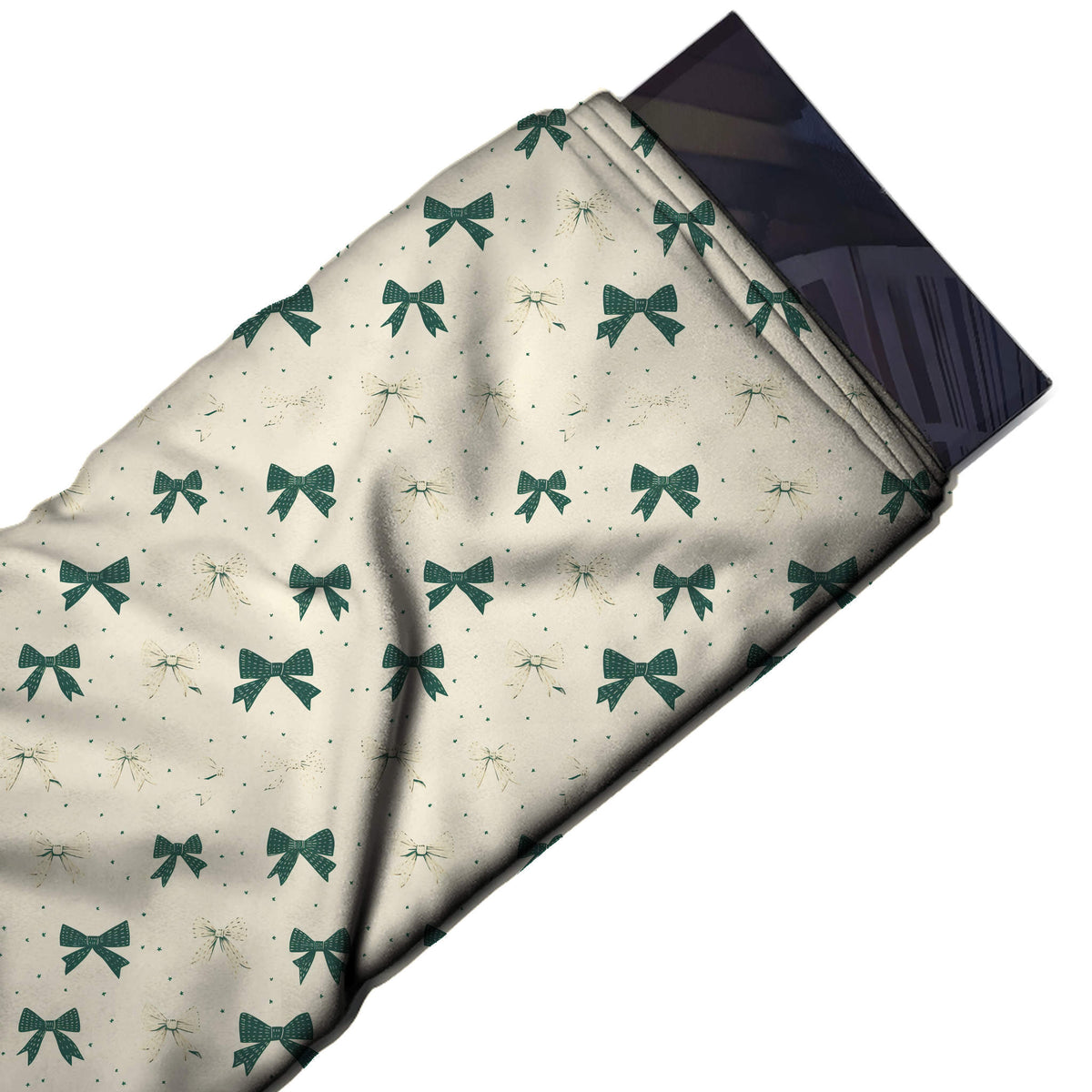 Flat fabric swatch: spaced rows of small dark green bows with fine stripe and dot texture, design Design No_4448, Clothwala