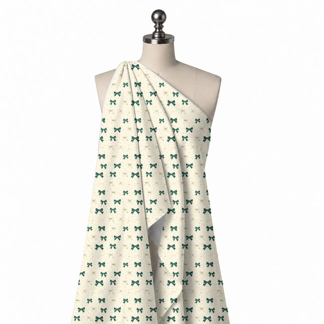 Draped on a mannequin: spaced rows of small dark green bows with fine stripe and dot, design Design No_4448, Clothwala