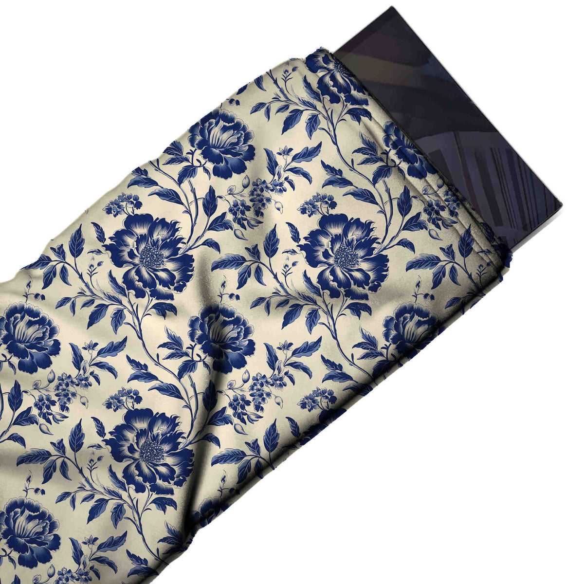 Flat fabric swatch: all-over medium-to-large floral of dark navy peonies with fine, design Design No_4570, Clothwala