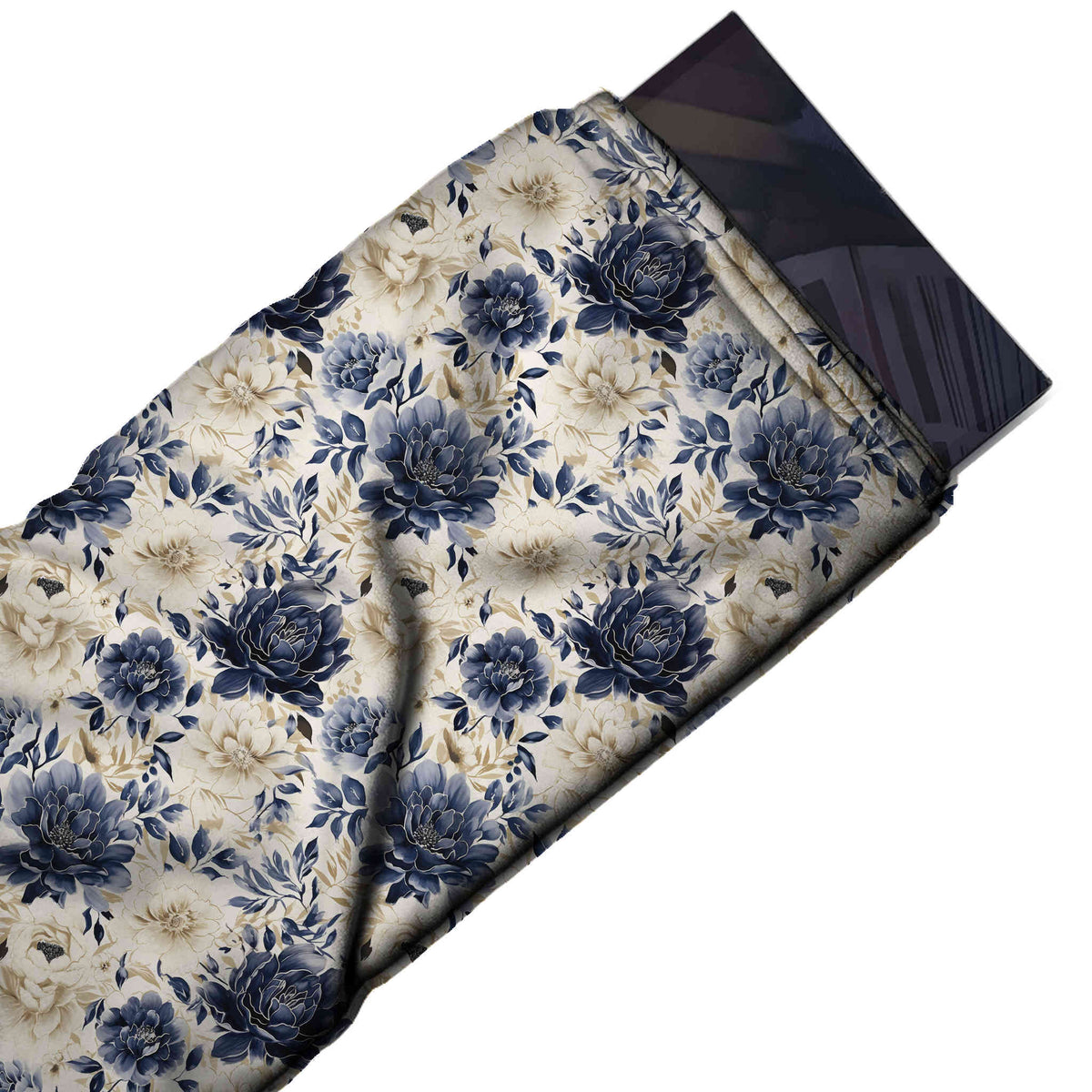 Cream & Dark Navy Peony & Cream Bloom Printed Moss Crepe Fabric - flat fabric swatch, design Design No_3849, Clothwala