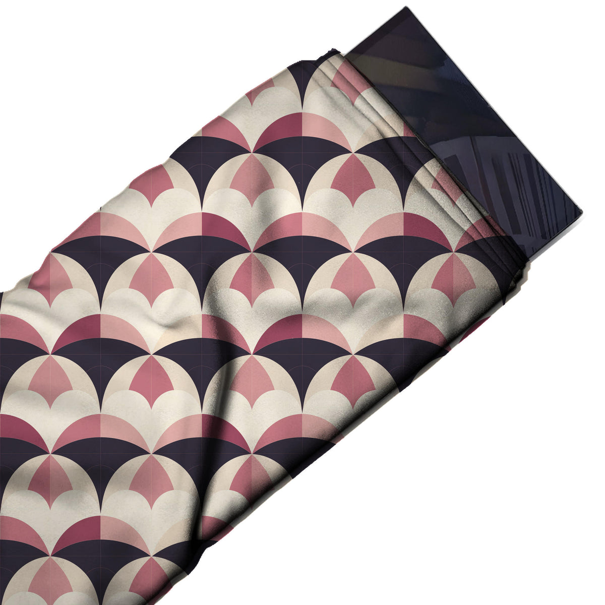 Flat fabric swatch: rows of medium-scale scallop fans with cream bases and pink pointed, design Design No_4275, Clothwala