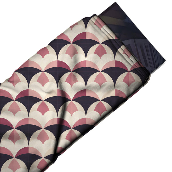 Cream & Dark Navy Plum & Pink Scallop Fans Printed French Crepe Fabric