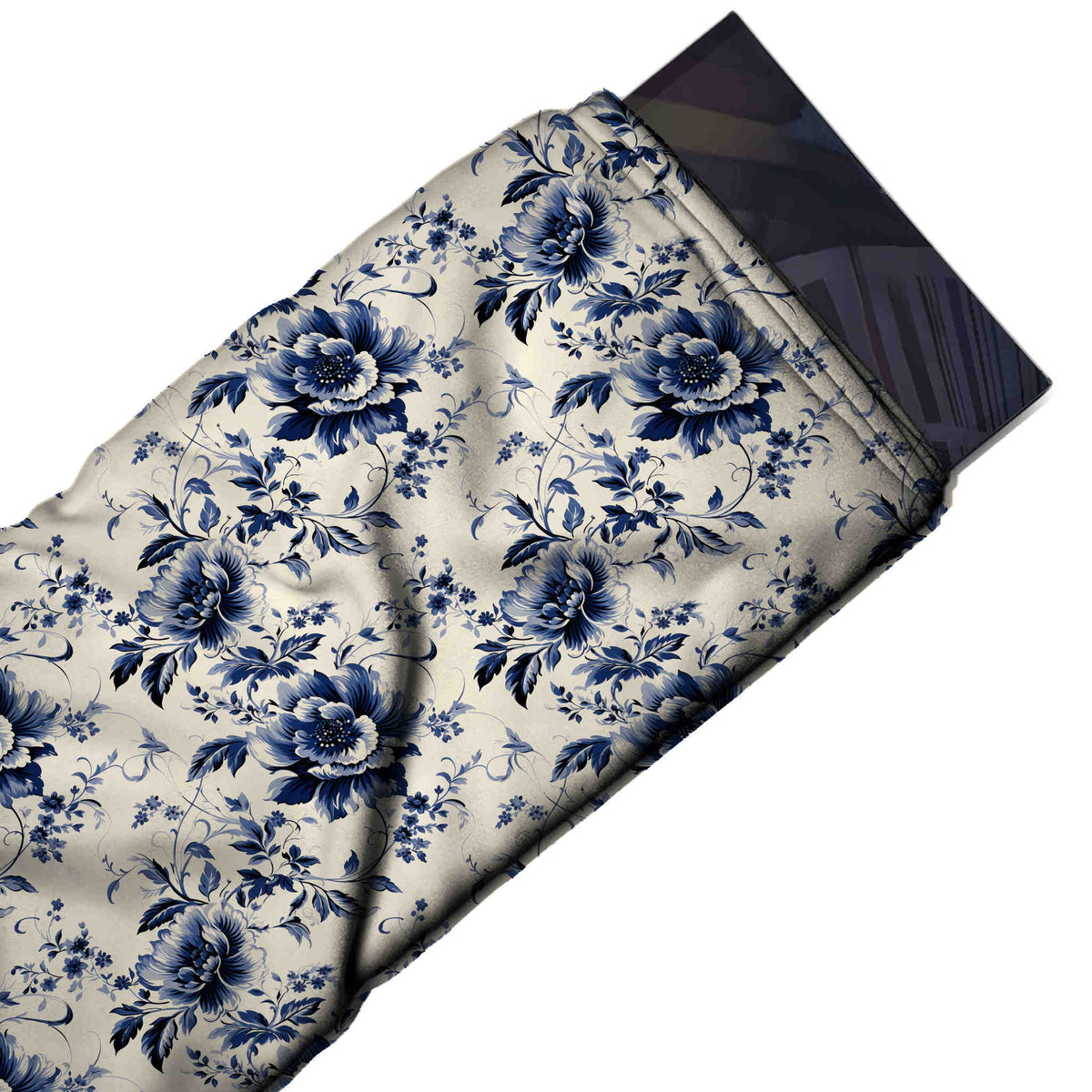 Flat fabric swatch: all-over medium-scale floral of finely shaded dark navy peonies with, design Design No_4554, Clothwala