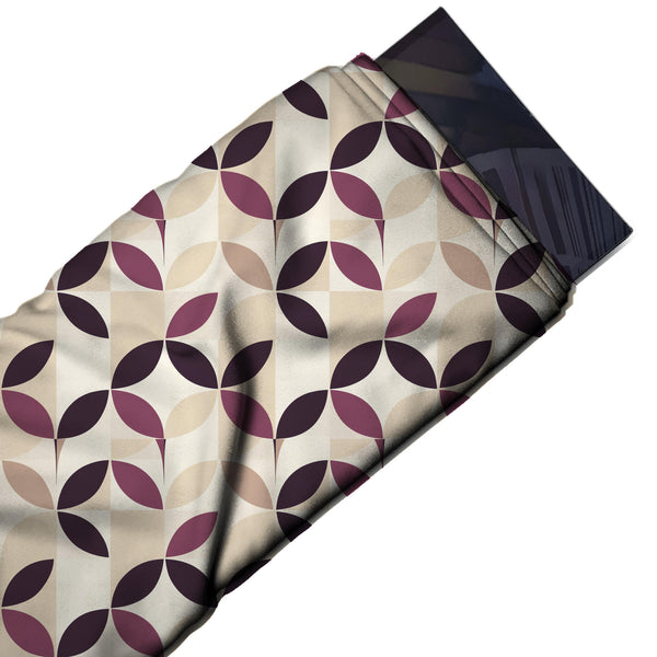 Cream & Dark Plum Four-Petal Leaf Geometric Printed French Crepe Fabric