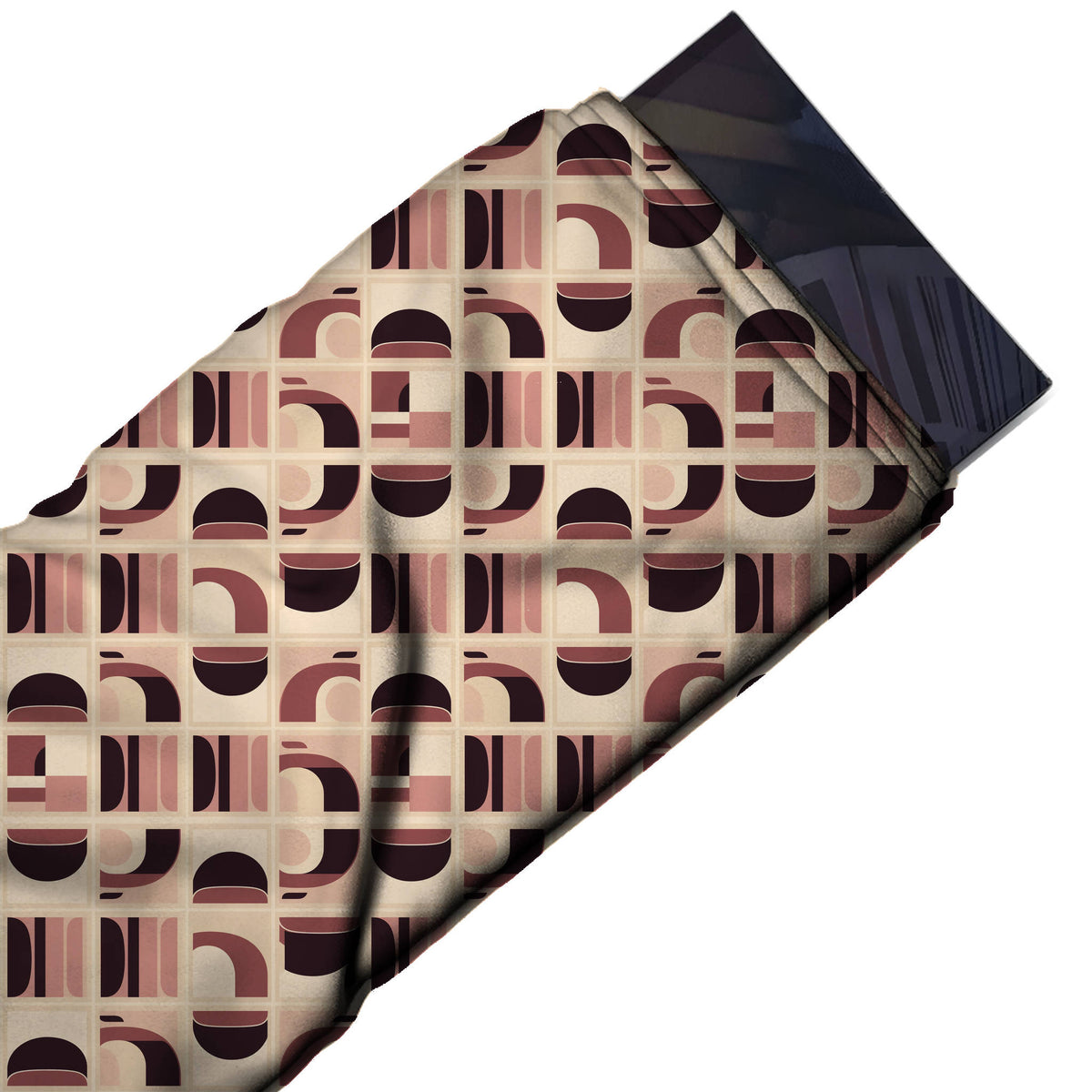 Flat fabric swatch: regular grid of small framed square tiles, each with a half circle, design Design No_4278, Clothwala
