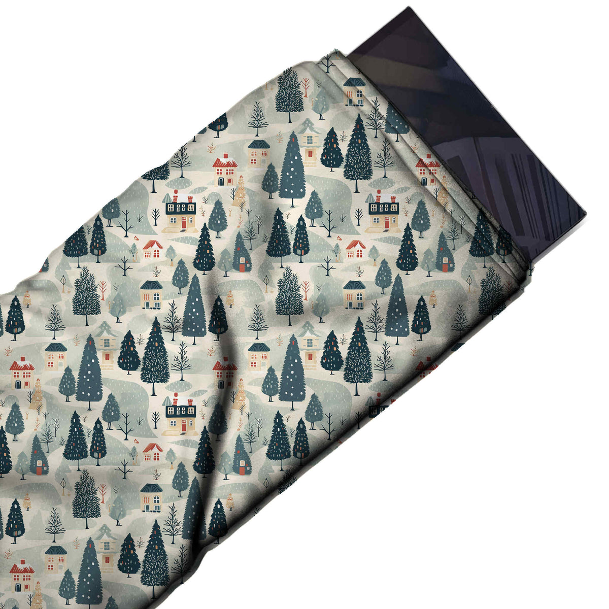 Flat fabric swatch: one-way all-over landscape of small dark teal and slate blue conifers, design Design No_4647, Clothwala