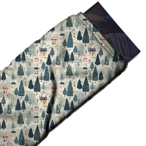 Cream & Dark Teal Conifer Hills Printed Pure Natural Crepe Fabric