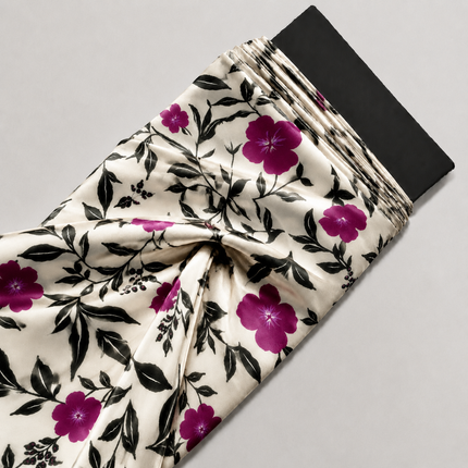 Cream & Deep Pink Hibiscus Floral & Vines Print Fabric — design 428FS3-RSSC/DS-90, Clothwala