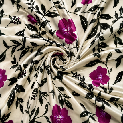 Cream & Deep Pink Hibiscus Floral & Vines Print Fabric — design 428FS3-RSSC/DS-90, Clothwala