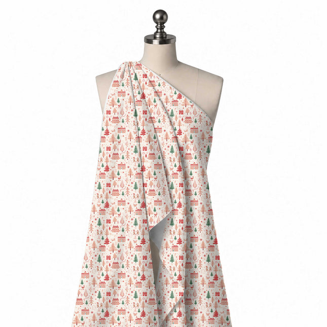 Draped on a mannequin: all-over one-way village print of dusty pink and coral townhouses, design Design No_4947, Clothwala