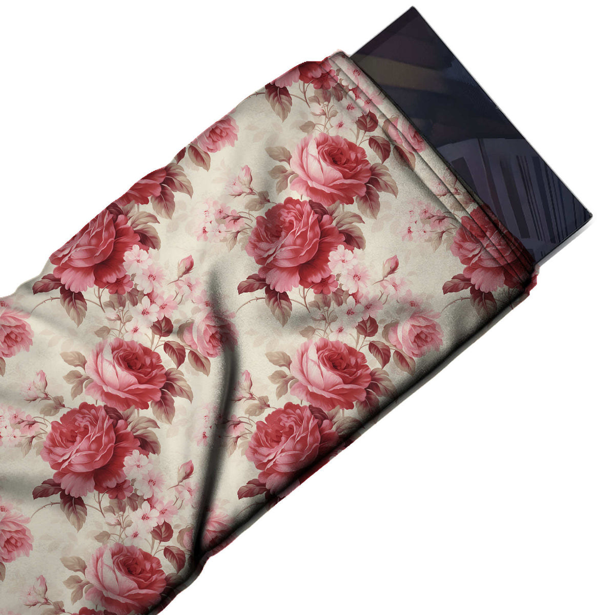 Flat fabric swatch: vertical column layout of tonal dusty rose and deep rose red roses with blush, design 3634, Clothwala