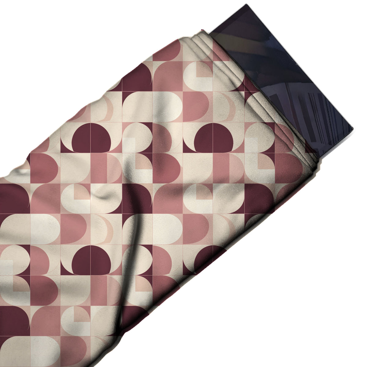 Flat fabric swatch: all-over medium-scale geometric of rounded capsule halves, design Design No_4279, Clothwala