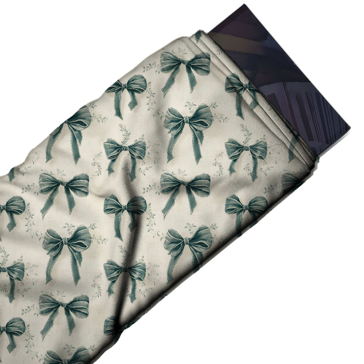 Flat fabric swatch: regular spaced repeat of medium dusty teal velvet-look bows with, design Design No_4442, Clothwala