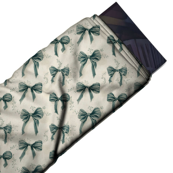 Cream & Dusty Teal Velvet Bows & Leaf Sprigs Printed Pure Natural Crepe Fabric
