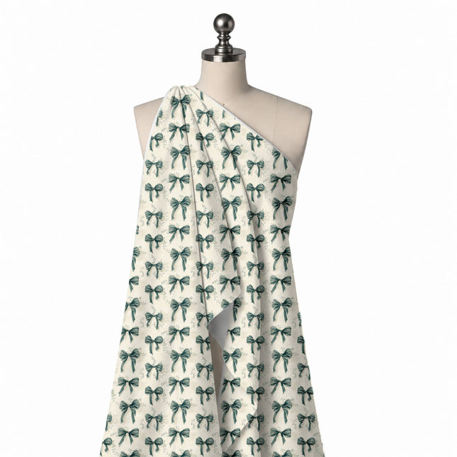 Draped on a mannequin: regular spaced repeat of medium dusty teal velvet-look bows with, design Design No_4442, Clothwala