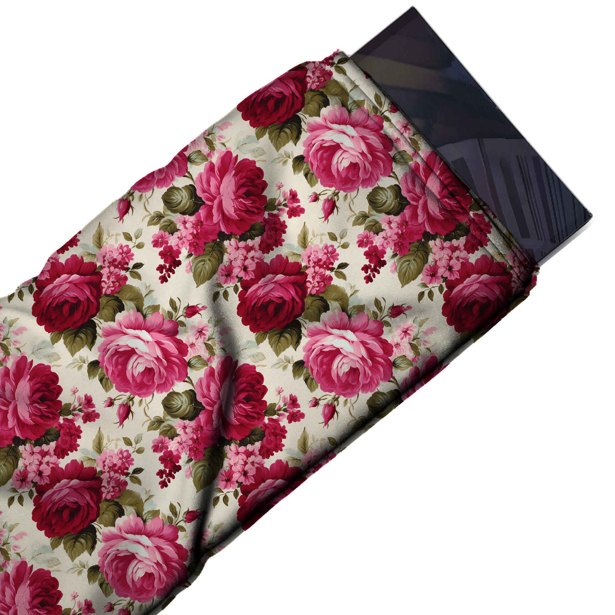 Flat fabric swatch: dense all-over layout of fuchsia pink and crimson cabbage roses with pink, design 3621, Clothwala