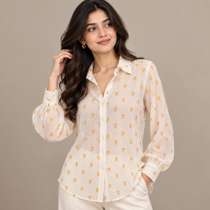 Cream & Gold Solid Cotton Cambric Fabric — design 1453C21-ABMP/DS-343, Clothwala
