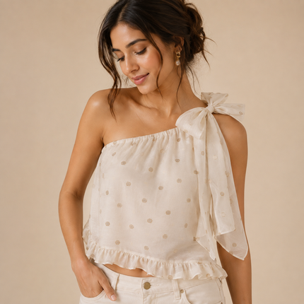 Cream & Gold Solid Poly Chiffon Fabric — design 870SB-ABJI/DS-127, Clothwala
