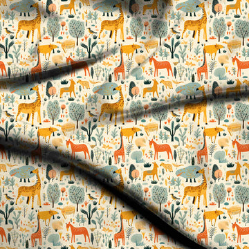 Cream & Golden Orange Striped Giraffe & Horses Printed Moss Crepe Fabric