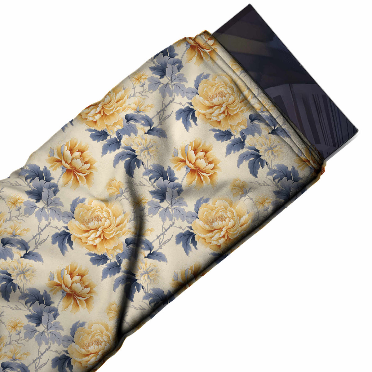Cream & Golden Yellow Peony Trail Printed Moss Crepe Fabric - flat fabric swatch, design Design No_3765, Clothwala
