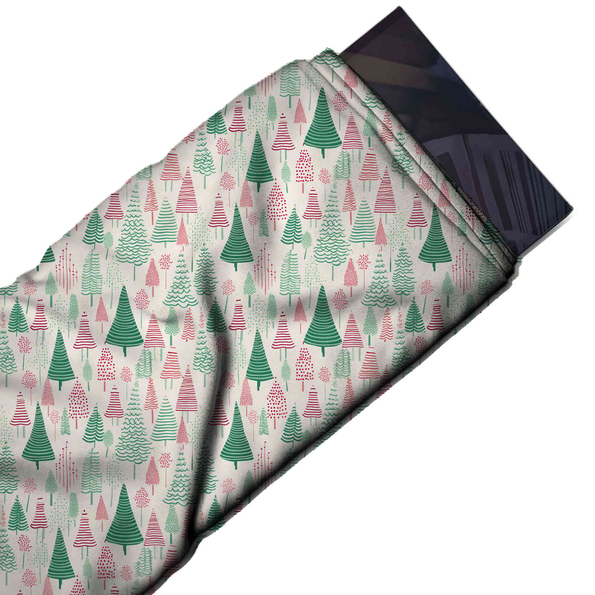 Flat fabric swatch: dense all-over layout of upright hand-drawn conifer trees in mixed, design Design No_4848, Clothwala