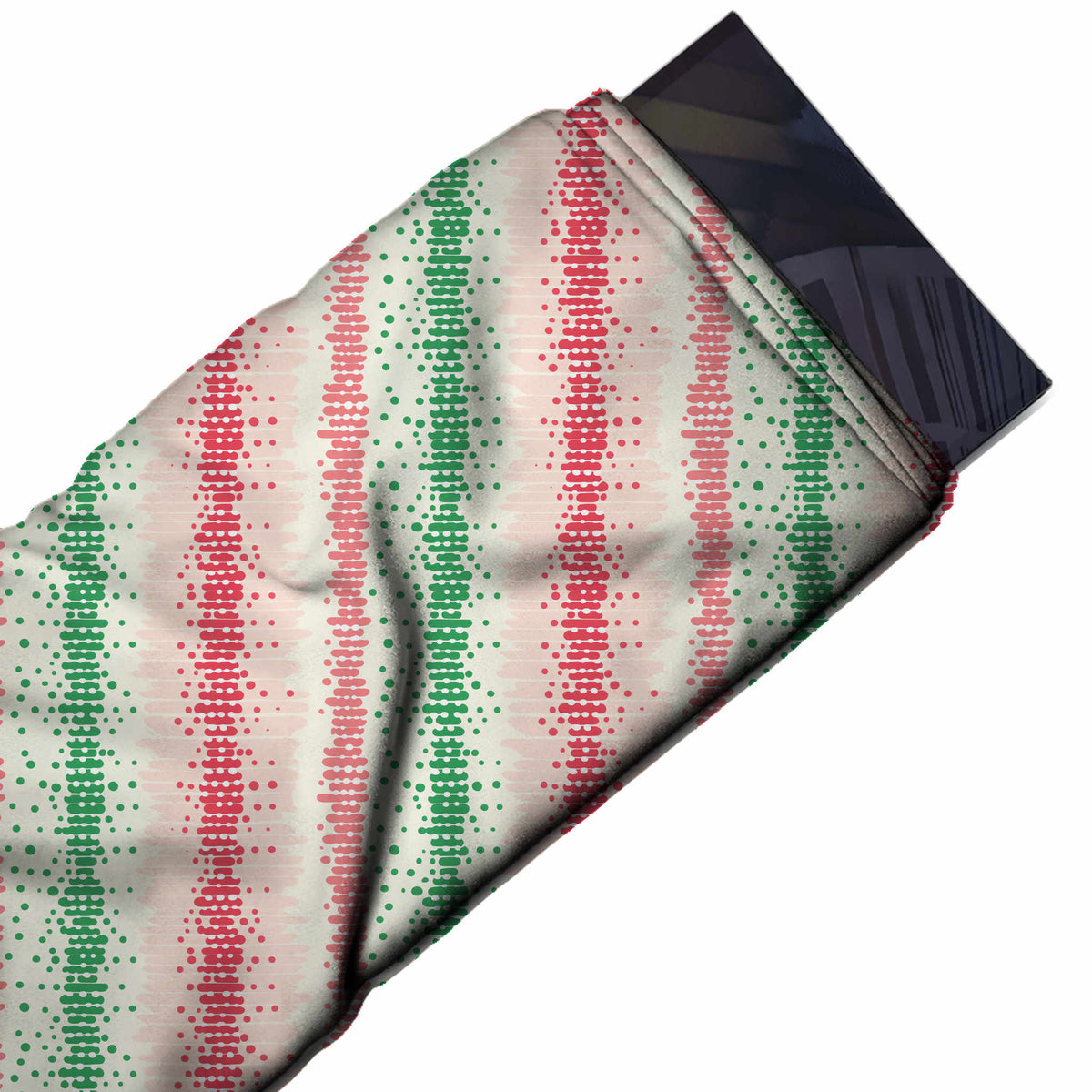 Flat fabric swatch: vertical stripe layout of columns built from stacked dots in green, design Design No_4849, Clothwala