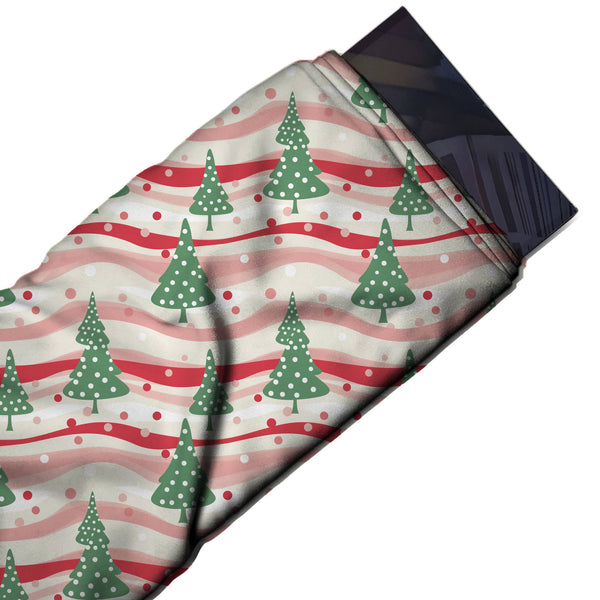 Cream & Green Polka Trees & Ribbons Printed Printed American Crepe Fabric Fabric