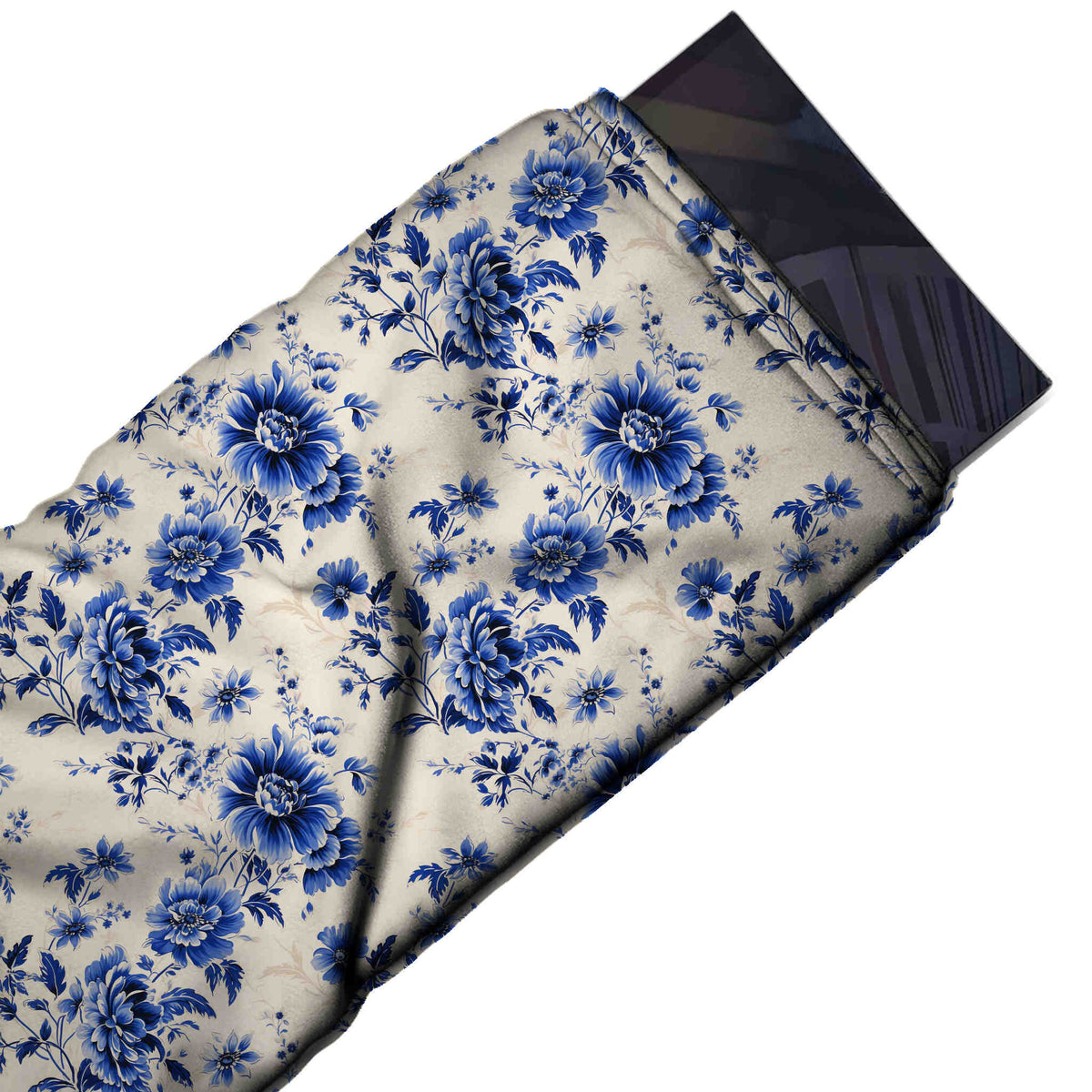 Flat fabric swatch: all-over medium-scale floral of shaded indigo dahlias and, design Design No_4558, Clothwala