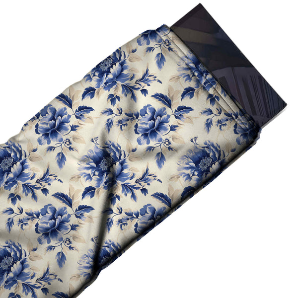 Cream & Indigo Blue Peony & Shadow Leaf Printed Pure Natural Crepe Fabric
